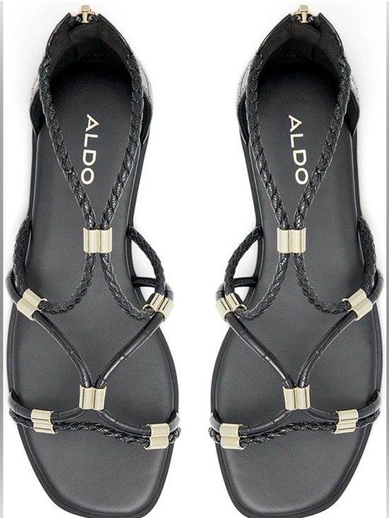 Aldo Shoes - ALDO Black Braided T-Strap Sandals with Gold Accents